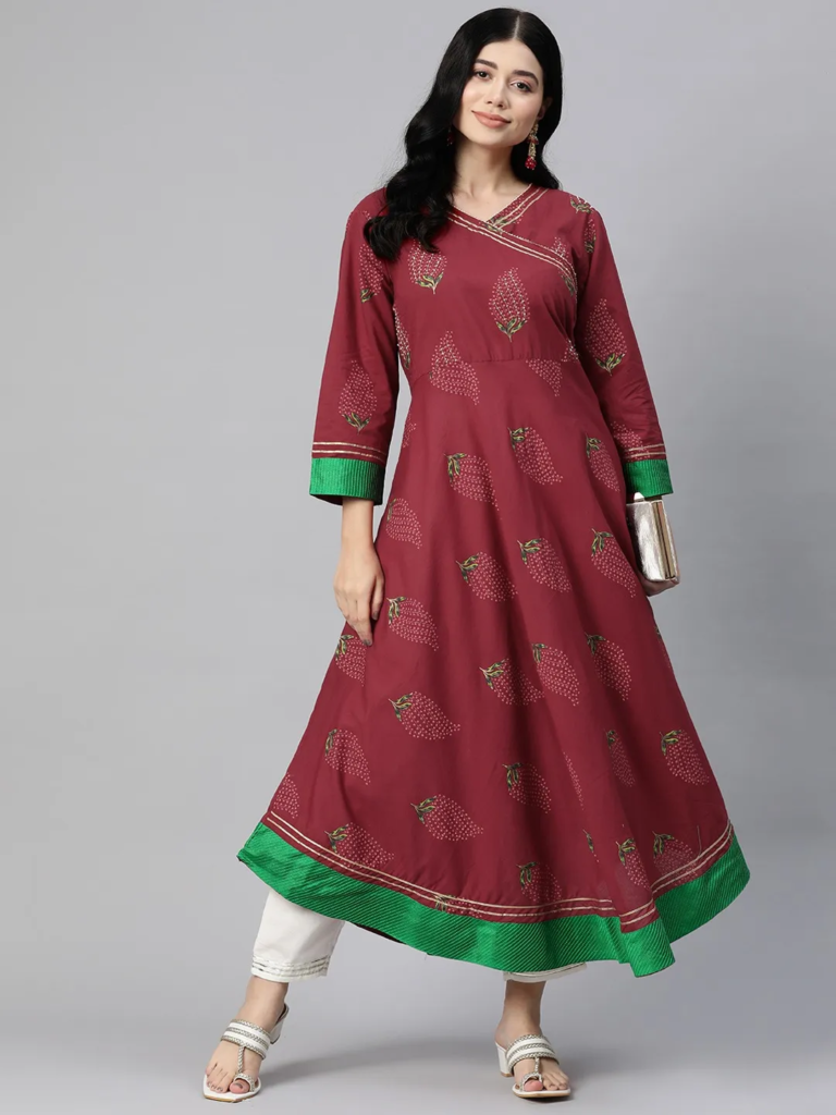 anarkali-style-cotton-fabric-maroon-printed-kurti-with-thread-beads-work